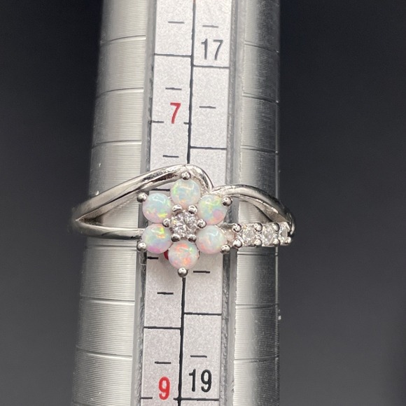 Jewelry - Sterling Silver 925 Opal CZ Flower Ring Size 7.75 Prong Setting 6 Petal Bypass
